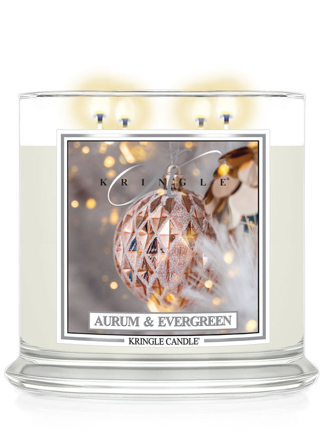 Kringle Candle with 'Aurum & Evergreen' scented 4-wick candle with ornaments label