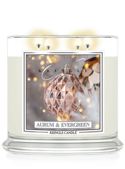 Kringle Candle with 'Aurum & Evergreen' scented 4-wick candle with ornaments label