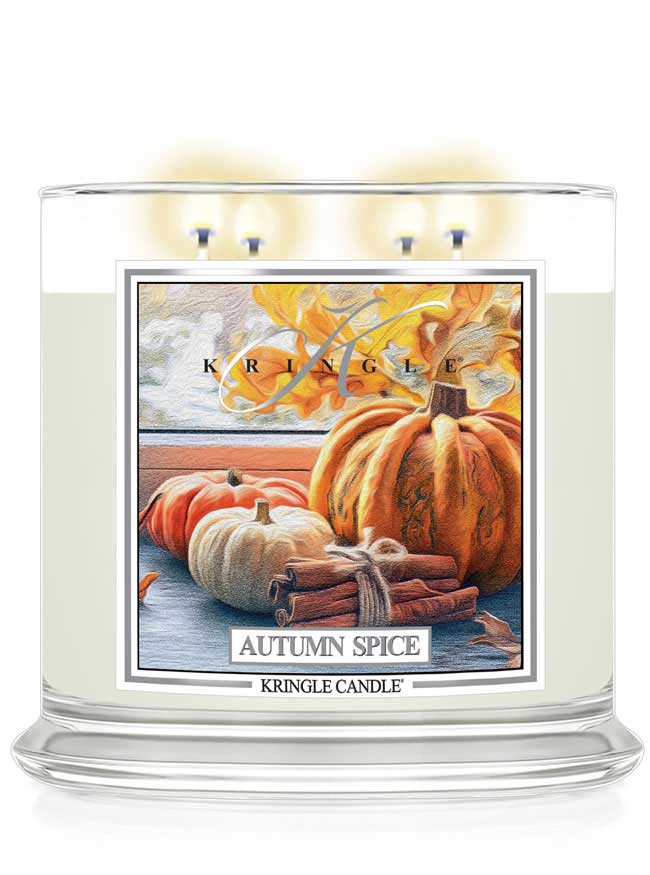Kringle Candle Autumn Spice 4-wick candle with pumpkins and cinnamon sticks on the label