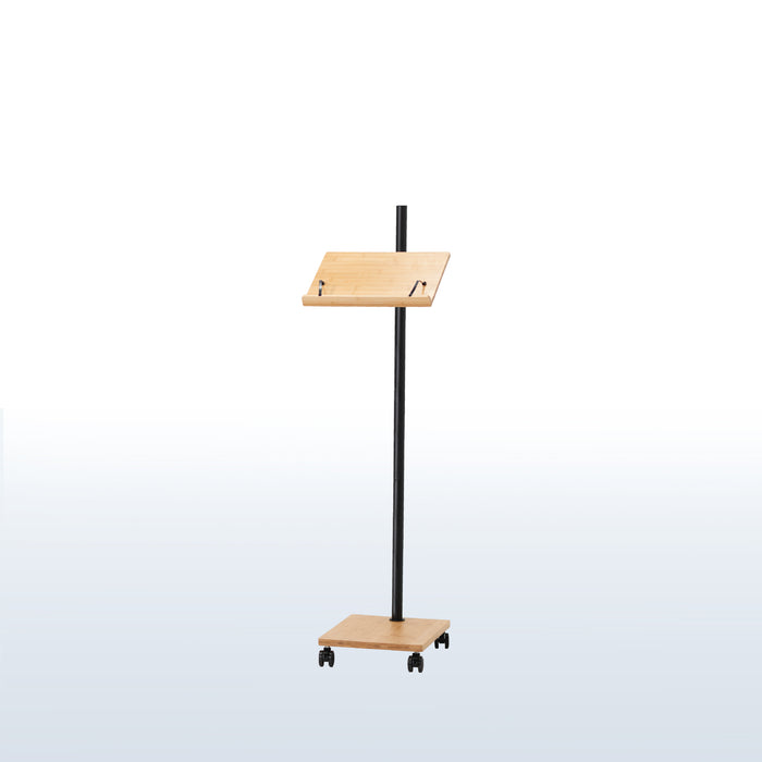 Mobile bamboo book stand with height adjustment and articulation.
