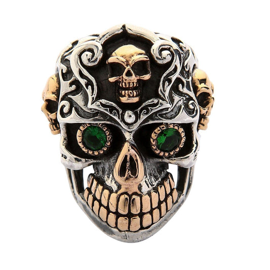 brilliant green emerald stone eyes sterling silver skull ring