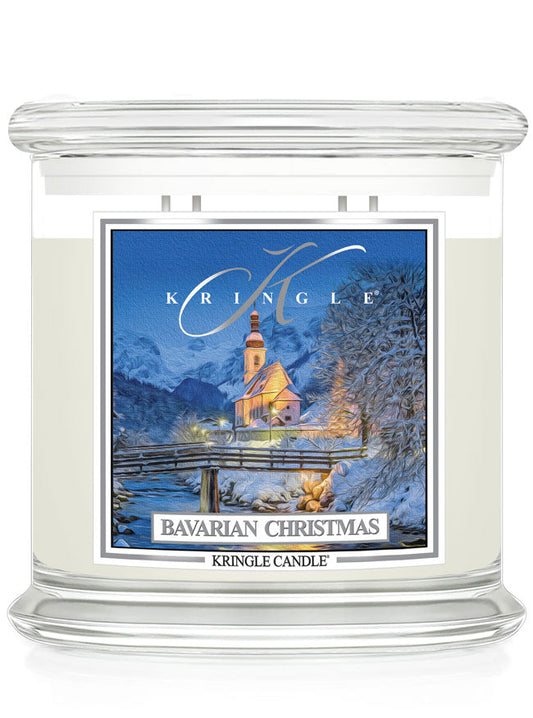 Kringle Candle with Bavarian Christmas 4-wick candle with a winter background and church design label.