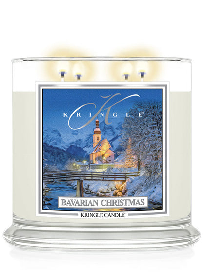 Kringle Candle with Bavarian Christmas 4-wick lit candle with a winter background and church design label.