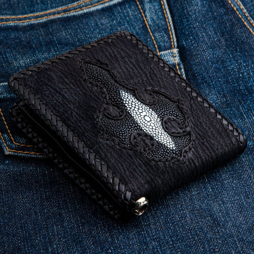 Black Genuine Stingray Leather Inlaid Cross Biker Chain Wallet