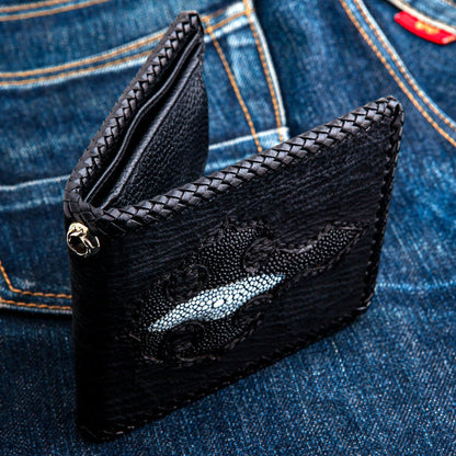 Black Genuine Stingray Leather Inlaid Cross Biker Chain Wallet for Men