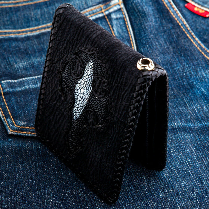 Black Genuine Stingray Leather Inlaid Cross Biker Chain Wallet [3]