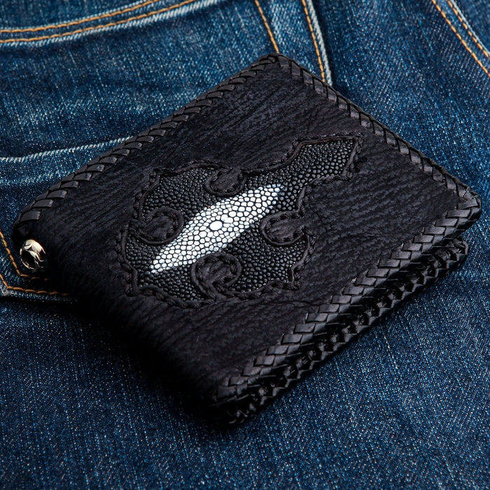 Black Genuine Stingray Leather Inlaid Cross Biker Chain Wallet [4]