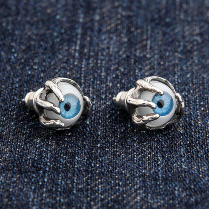 A side view of the blue eyeball stud earring, showing the 925 silver stud post and butterfly back.
