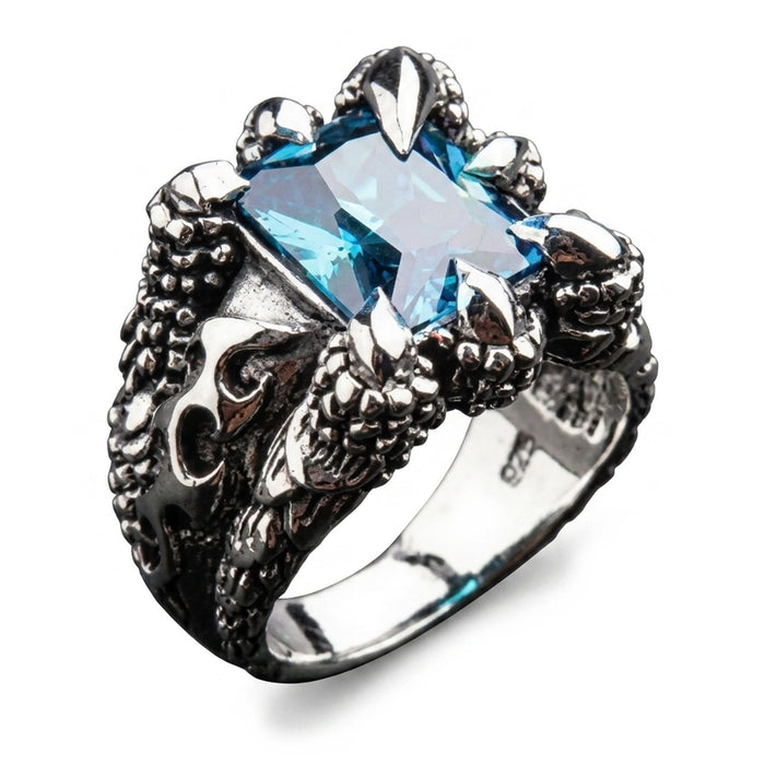 Sterling silver eagle claw ring from the front left, flame motif shank and .925 hallmark visible