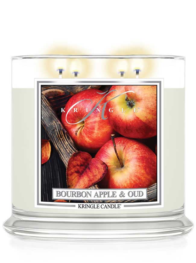 Kringle Candle with 4-wick extra large Bourbon Apple & Oud candle featuring apples on a white background