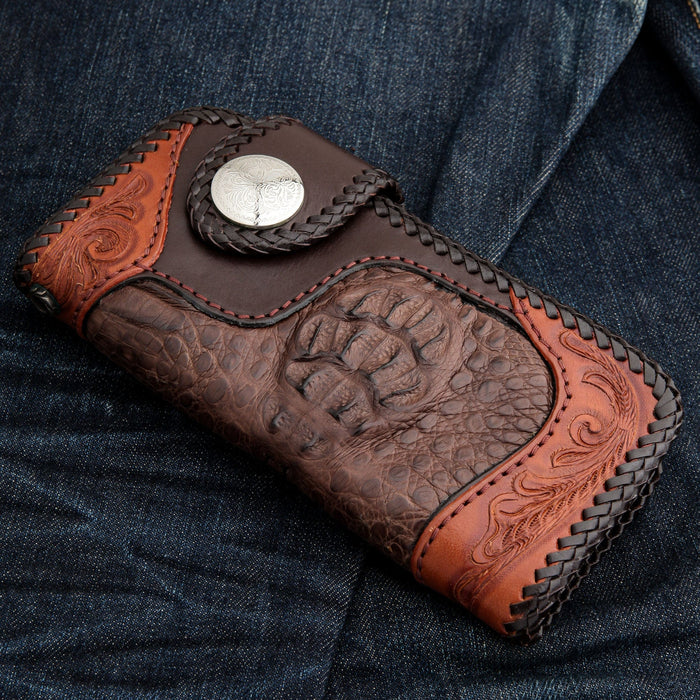Floral Tribal Brown Crocodile Leather Large Biker Wallet