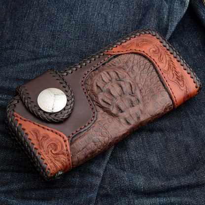 Floral Tribal Brown Crocodile Leather Large Biker Wallet [2]