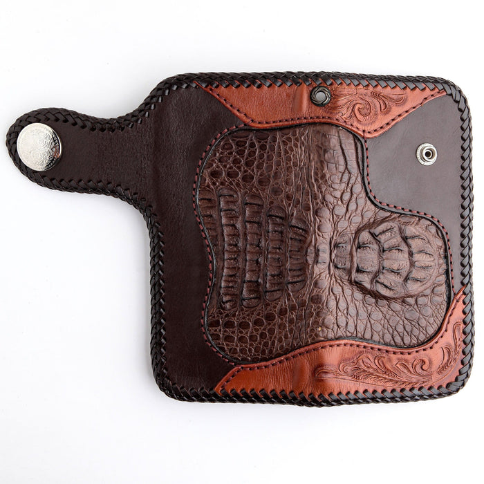 Floral Tribal Brown Crocodile Leather Large Biker Wallet [5]