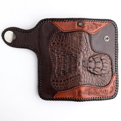 Floral Tribal Brown Crocodile Leather Large Biker Wallet [5]