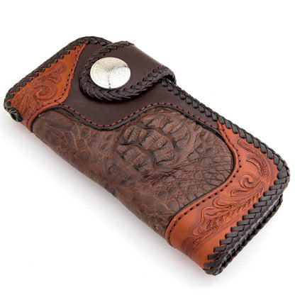 Floral Tribal Brown Crocodile Leather Large Biker Wallet [3]