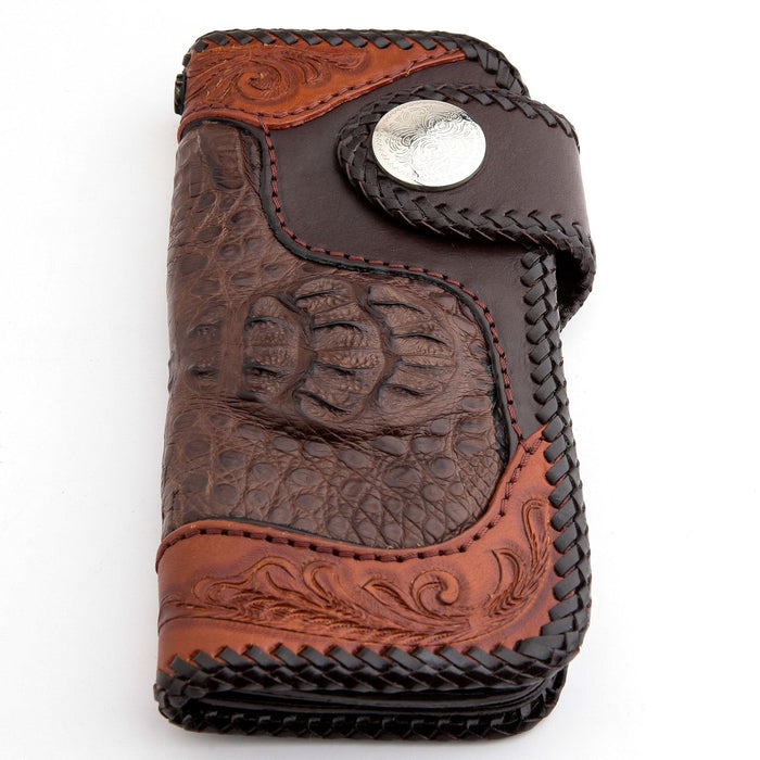 Floral Tribal Brown Crocodile Leather Large Biker Wallet [4]