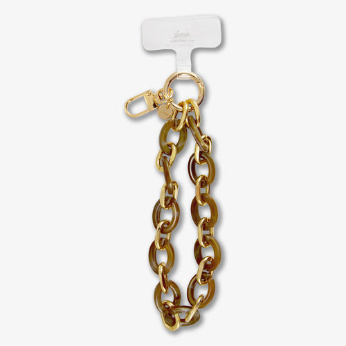 Close-up of Brown Marble Chain Phone Wristlet showcasing tortoiseshell resin links and gold-plated hardware on white background