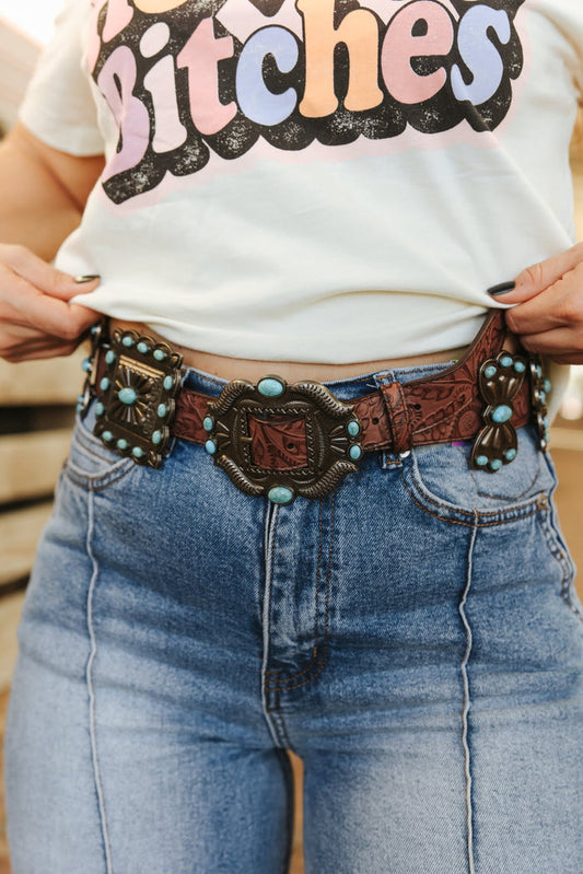 Brown Ribbon Square Concho Genuine Leather BeltXS