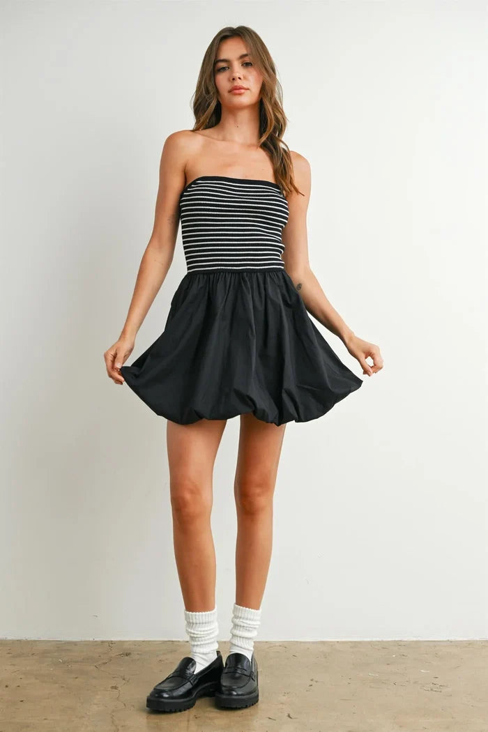 Black and white striped strapless bubble hem mini dress with flared skirt