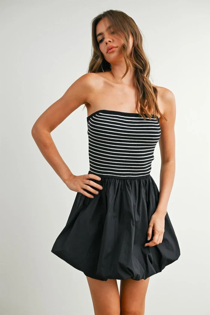 Black and white striped bubble hem mini dress with flared skirt
