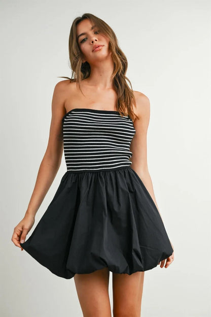 Black and white striped Bubble Hem Mini Dress with gathered waist