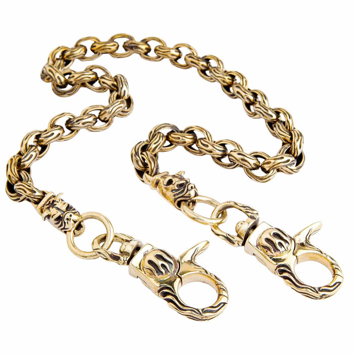 The premium solid brass wallet chain showing both bulldog head ends.