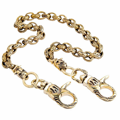 The premium solid brass wallet chain showing both bulldog head ends.