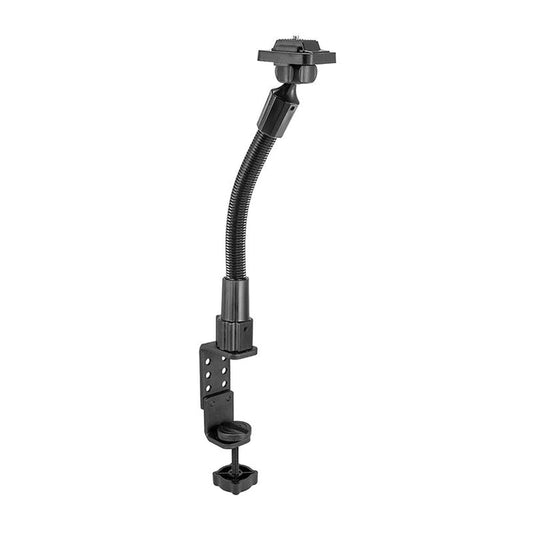The Camera Holder with Clamp Mount and 12 Inch Adjustable Gooseneck Arm attaches securely to desks or tables and features a 1/4-20 mount plate for holding cameras, devices, or accessories.