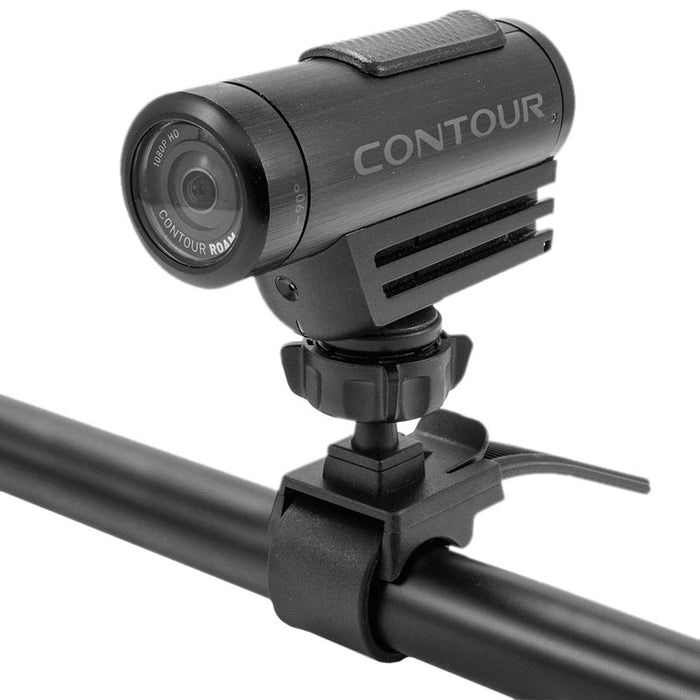 A Camera Holder with Handlebar Strap Mount for Canon, Sony, Samsung, Panasonic, and Nikon cameras is attached to a round bar, displaying the cameras lens, side profile, and adjustment knob.