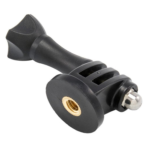 The Camera Mounting Bolt to GoPro HERO Mount Connection Adapter is a black plastic and metal 1/4-20 tripod mount adapter with a knurled screw for attaching action cameras to tripods or other mounts.