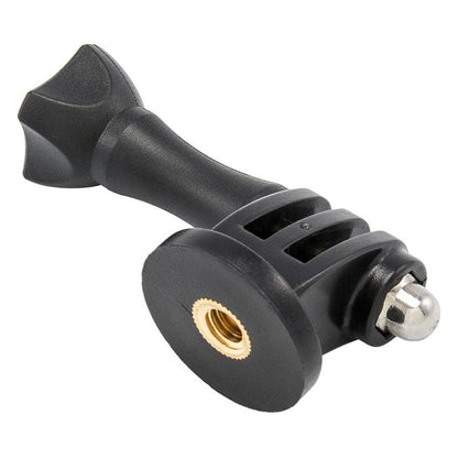 The Camera Mounting Bolt to GoPro HERO Mount Connection Adapter is a black plastic adapter with a threaded brass insert and metal ball tip for attaching cameras or GoPro HERO accessories to compatible mounting systems.