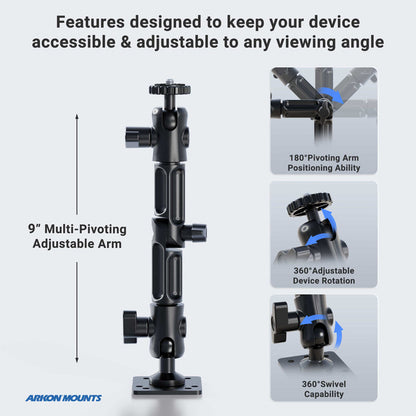A black Camera Wall Mount with Multi-Angle Arm for Security Camcorders & Cameras is shown, featuring inset images of its 180° pivoting, 360° rotation, and 360° swivel; Arkon Mounts logo appears at the bottom left.