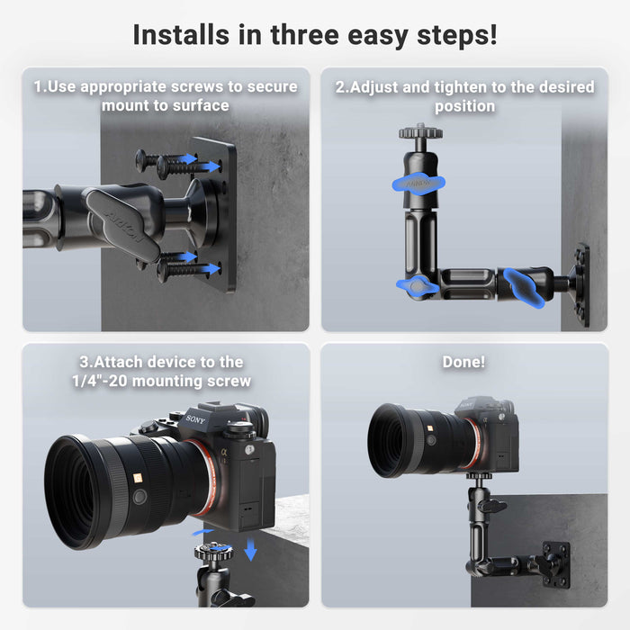 Four-step installation for the Camera Wall Mount with Multi-Angle Arm: 1) Screw mount to wall, 2) Adjust and tighten arm, 3) Attach security camera to mounting screw, 4) Finish with camera properly positioned.