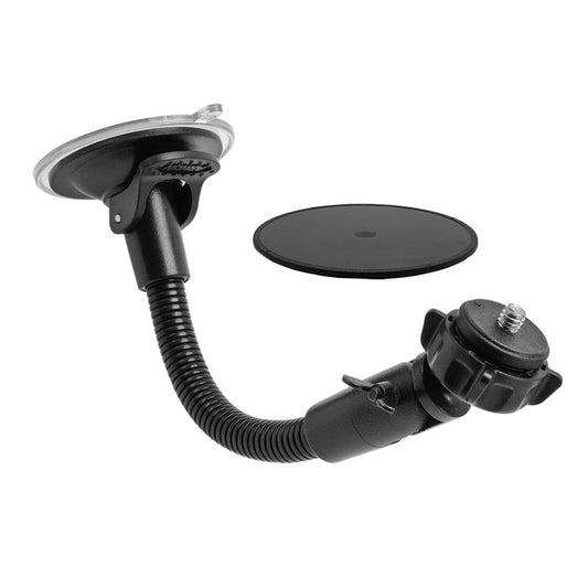 The Camera Windshield Suction Car Mount with 8.5 Inch Gooseneck, shown in black with an adjustable arm and 1/4-20 camera adapter, is displayed alongside a round adhesive base on a white background.