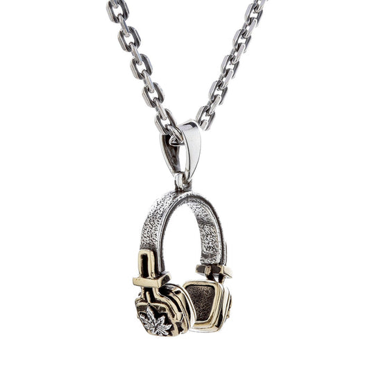 The men's headphone pendant shown on a sterling silver chain as a complete reggae-style necklace.