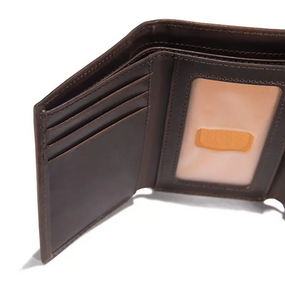 Brown Carhartt oil tan leather trifold wallet, further product view