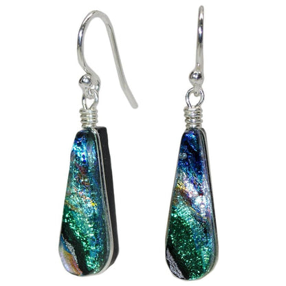 Cedar Rock Falls Earrings. Teardrop-shaped glass earrings on silver-y nickel-free hook backs.