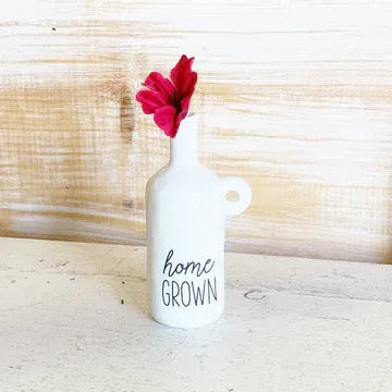 White ceramic bottle with home grown text and red flower in Ceramic Bud Vases Basket