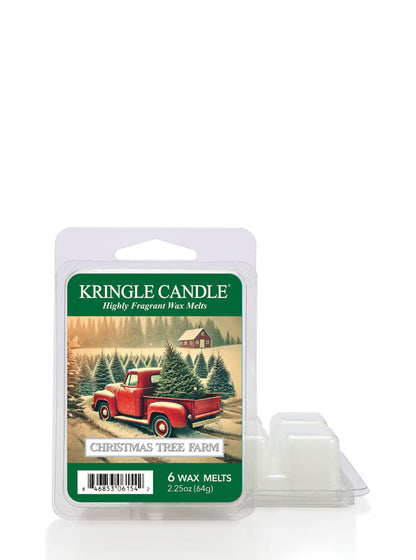 Kringle Candle wax melts, "Christmas Tree Farm," featuring a red truck and pine trees on the packaging.