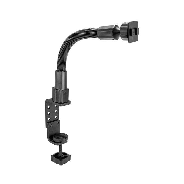 The Clamp Mounting Pedestal with 12 Gooseneck - Dual-T Compatible secures devices to a desk or table edge with its black clamp, flexible arm, and square plate, offering versatile mounting options.