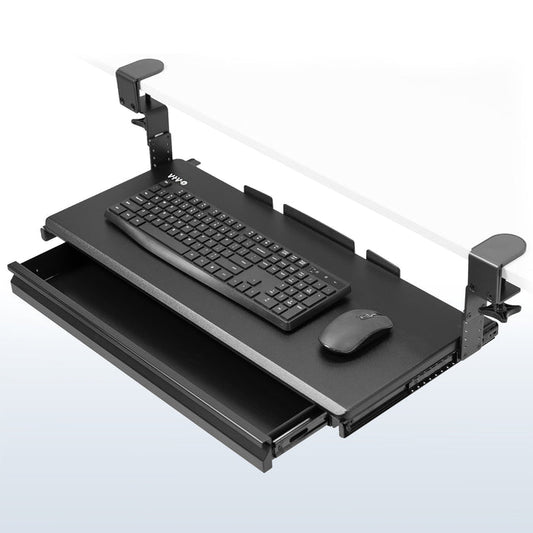 Under desk height adjustable pull-out sliding keyboard tray with storage drawer.