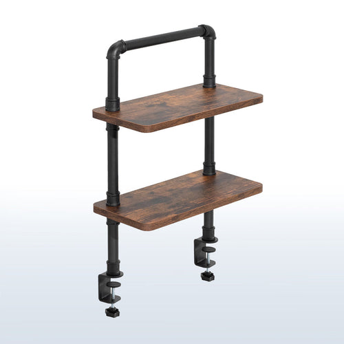 Clamp-on Industrial Pipe Shelves secure to your office desk and create dual level storage for clearing workspace clutter.