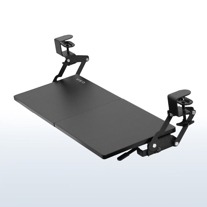 Ergonomic convenient under desk clamp-on keyboard tray with swinging height adjustment.