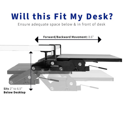 Ergonomic convenient under desk clamp-on keyboard tray with swinging height adjustment.