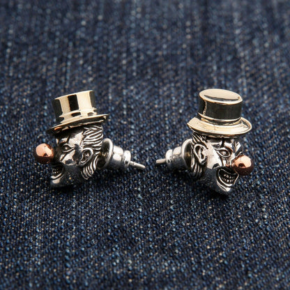 Unisex sterling silver clown earrings with copper accents
