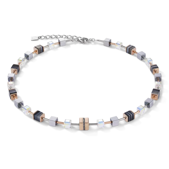 Coeur de Lion Halskette GeoCUBE® Edelstahl & Kristall Pavé, Swarovski® Kristalle & Streifen-Onyx roségold-schwarz - 4965/10-1630