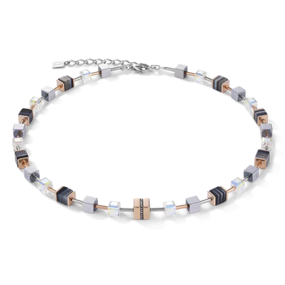 Coeur de Lion Halskette GeoCUBE® Edelstahl & Kristall Pavé, Swarovski® Kristalle & Streifen-Onyx roségold-schwarz - 4965/10-1630