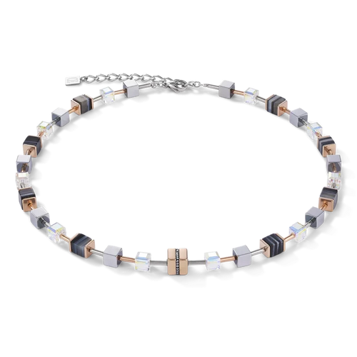 Coeur de Lion Halskette GeoCUBE® Edelstahl & Kristall Pavé, Swarovski® Kristalle & Streifen-Onyx roségold-schwarz - 4965/10-1630