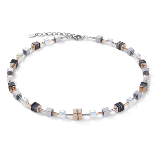 Coeur de Lion Halskette GeoCUBE® Edelstahl & Kristall Pavé, Swarovski® Kristalle & Streifen-Onyx roségold-schwarz - 4965/10-1630