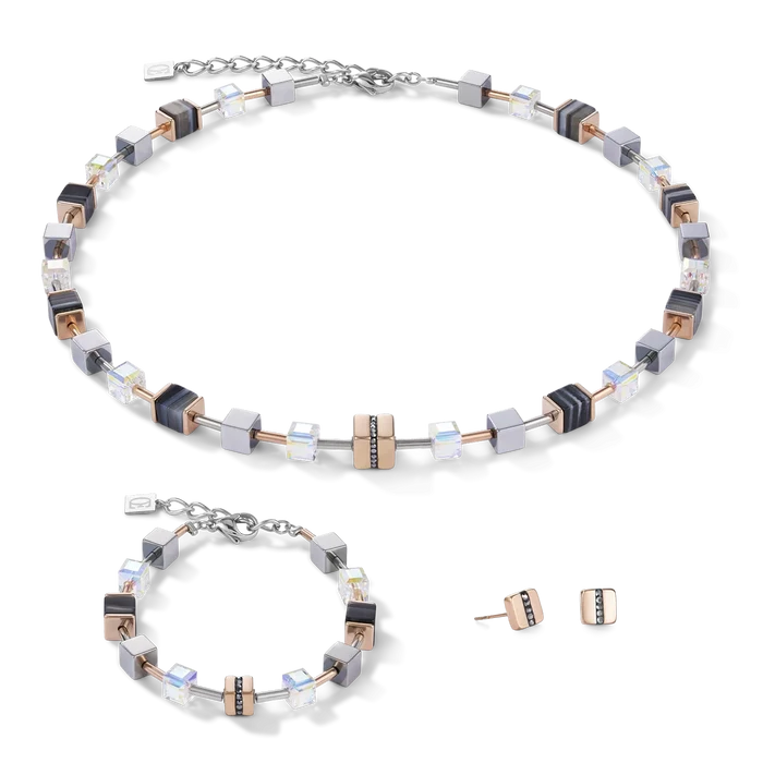 Coeur de Lion Halskette GeoCUBE® Edelstahl & Kristall Pavé, Swarovski® Kristalle & Streifen-Onyx roségold-schwarz - 4965/10-1630